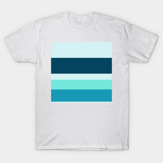 An outstanding fuse of Ice, Sky Blue (Crayola), Blue-Green and Marine Blue stripes. T-Shirt by Sociable Stripes